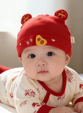 婴幼儿红色帽子春秋季护囟门胎帽男女宝宝小月龄新生喜庆套头帽冬