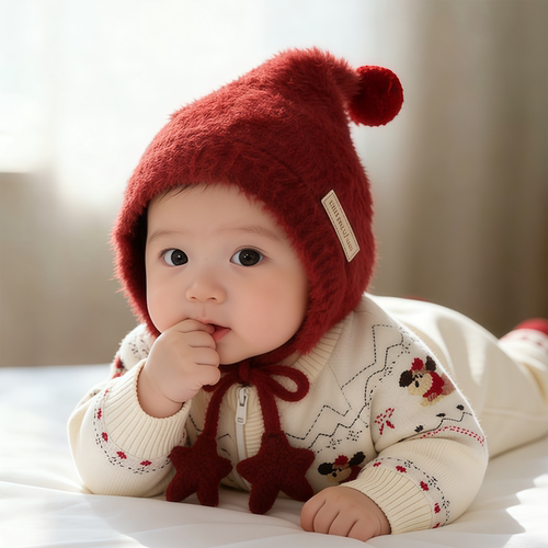 宝宝红色帽子秋冬季保暖加厚针织护耳精灵帽男婴女儿童毛线毛绒帽
