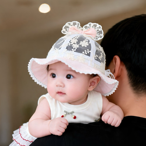 女宝宝帽子夏季薄款透气网眼公主渔夫帽婴幼儿小月龄遮阳防晒盆帽