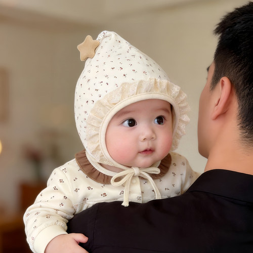 婴幼儿帽子春秋款护囟门纯棉胎帽女宝宝新生防风系带护耳精灵帽冬