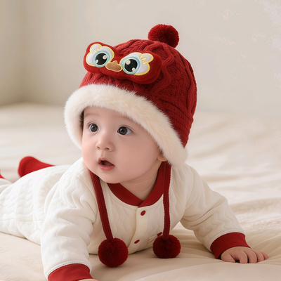 婴儿红色新年帽子冬季保暖加厚护耳毛线帽男女宝宝喜庆虎头毛绒帽