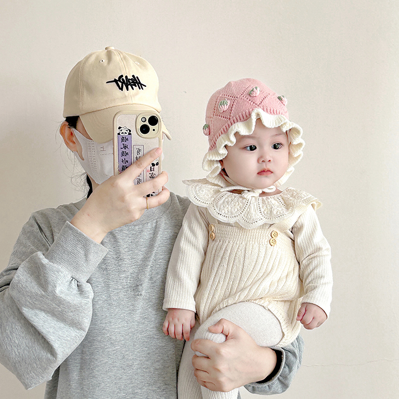 婴儿帽子秋冬季保暖防风护耳针织帽宝宝小月龄甜美草莓公主毛线帽
