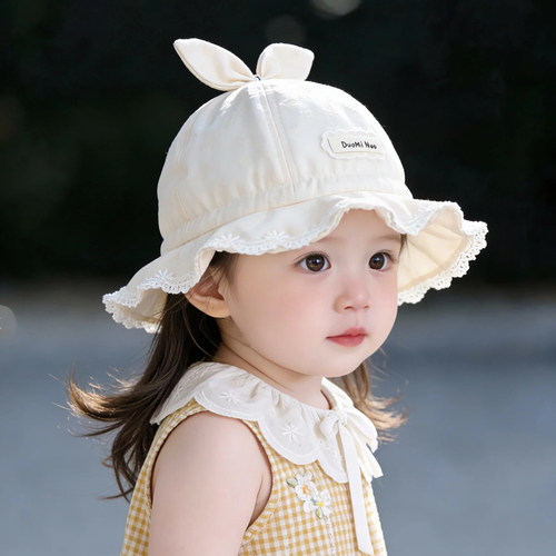 婴儿帽子春秋薄款遮阳防晒公主蝴蝶结渔夫帽女宝宝小月龄夏天盆帽