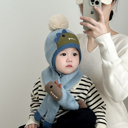 儿童帽子秋冬季保暖加厚针织围巾两件套男婴女宝宝防风护耳毛线帽