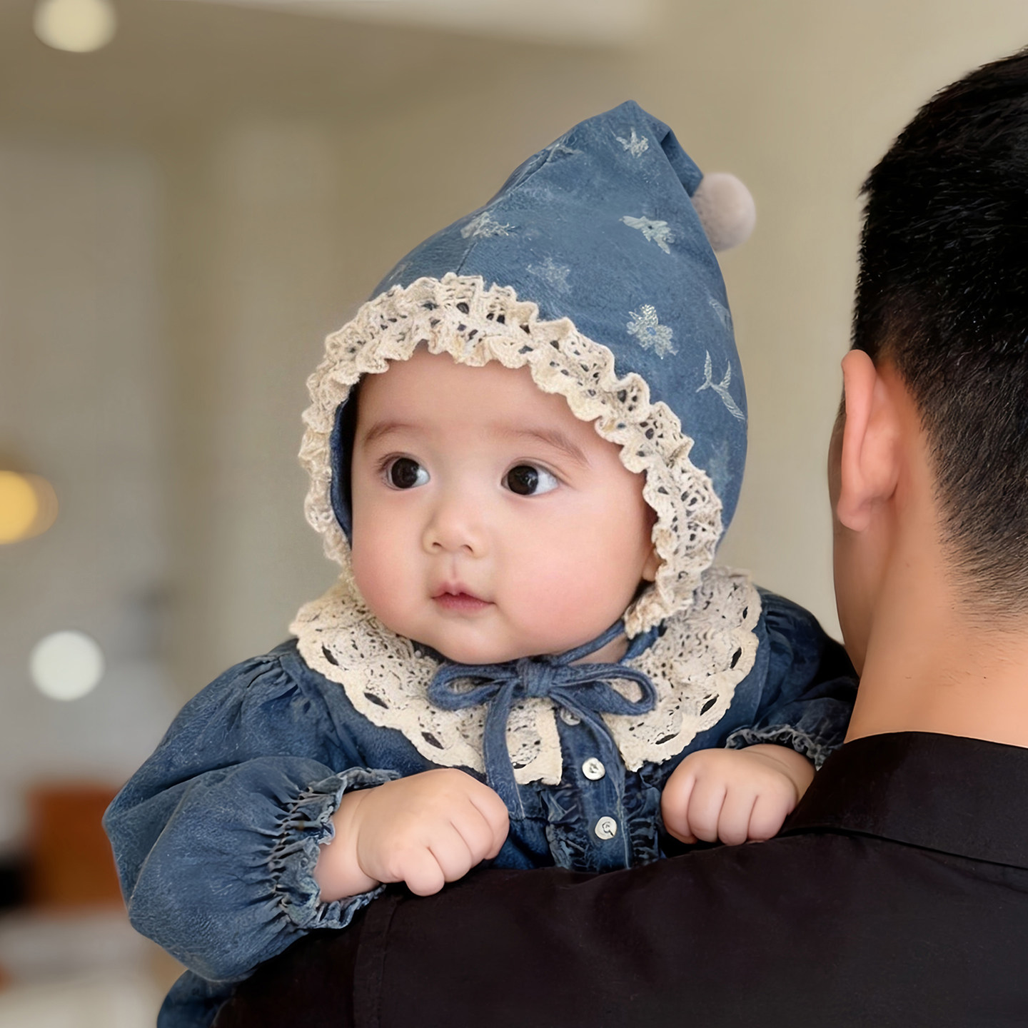 韩版牛仔婴幼儿帽子春秋款护囟门宫廷精灵帽男女宝宝防风胎帽冬季