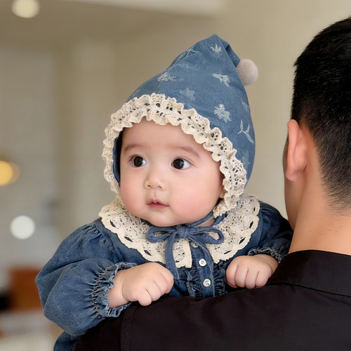 韩版牛仔婴幼儿帽子春秋款护囟门宫廷精灵帽男女宝宝防风胎帽冬季