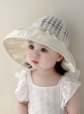 儿童防晒帽子夏季薄款透气网纱大帽檐渔夫帽女宝宝系带沙滩太阳帽