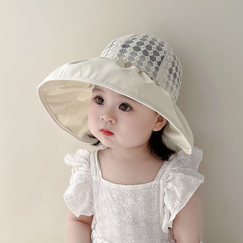 儿童防晒帽子夏季薄款透气网纱大帽檐渔夫帽女宝宝系带沙滩太阳帽