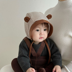 韩系条纹婴儿帽子春秋季护耳宫廷帽宝宝小月龄防风秋冬囟门胎帽潮