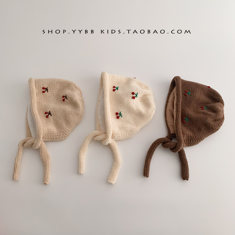 韩系复古樱桃儿童帽子秋冬季保暖加厚护耳帽女宝宝针织套头毛线帽