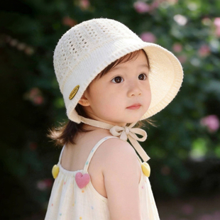 儿童简约帽子夏季薄款镂空编织系带草帽男孩女宝宝出游沙滩渔夫帽