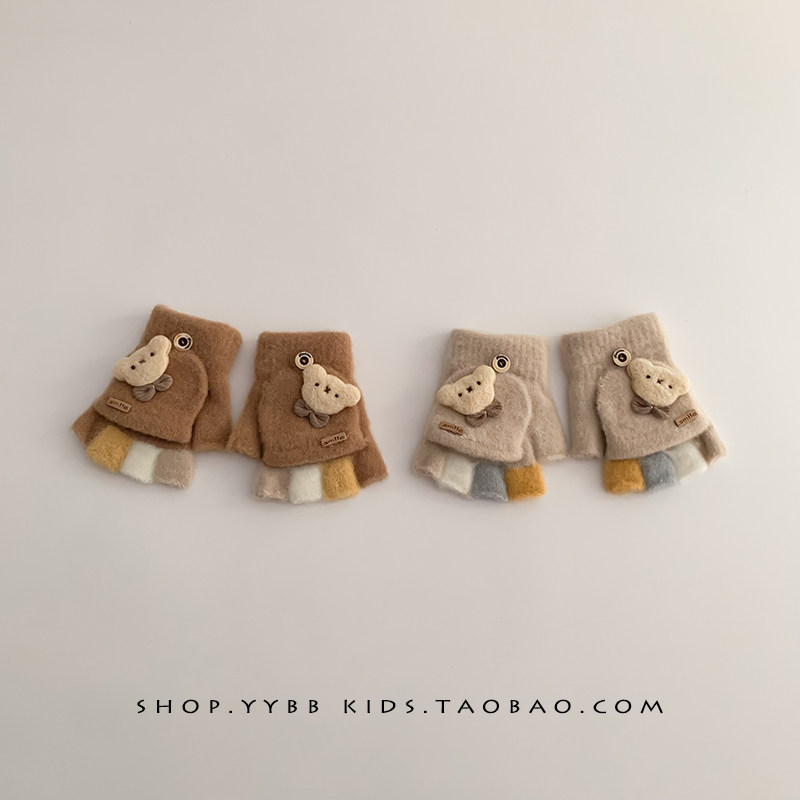 婴儿手套秋冬季保暖加厚针织毛线手套男童女宝宝防风翻盖半指手套