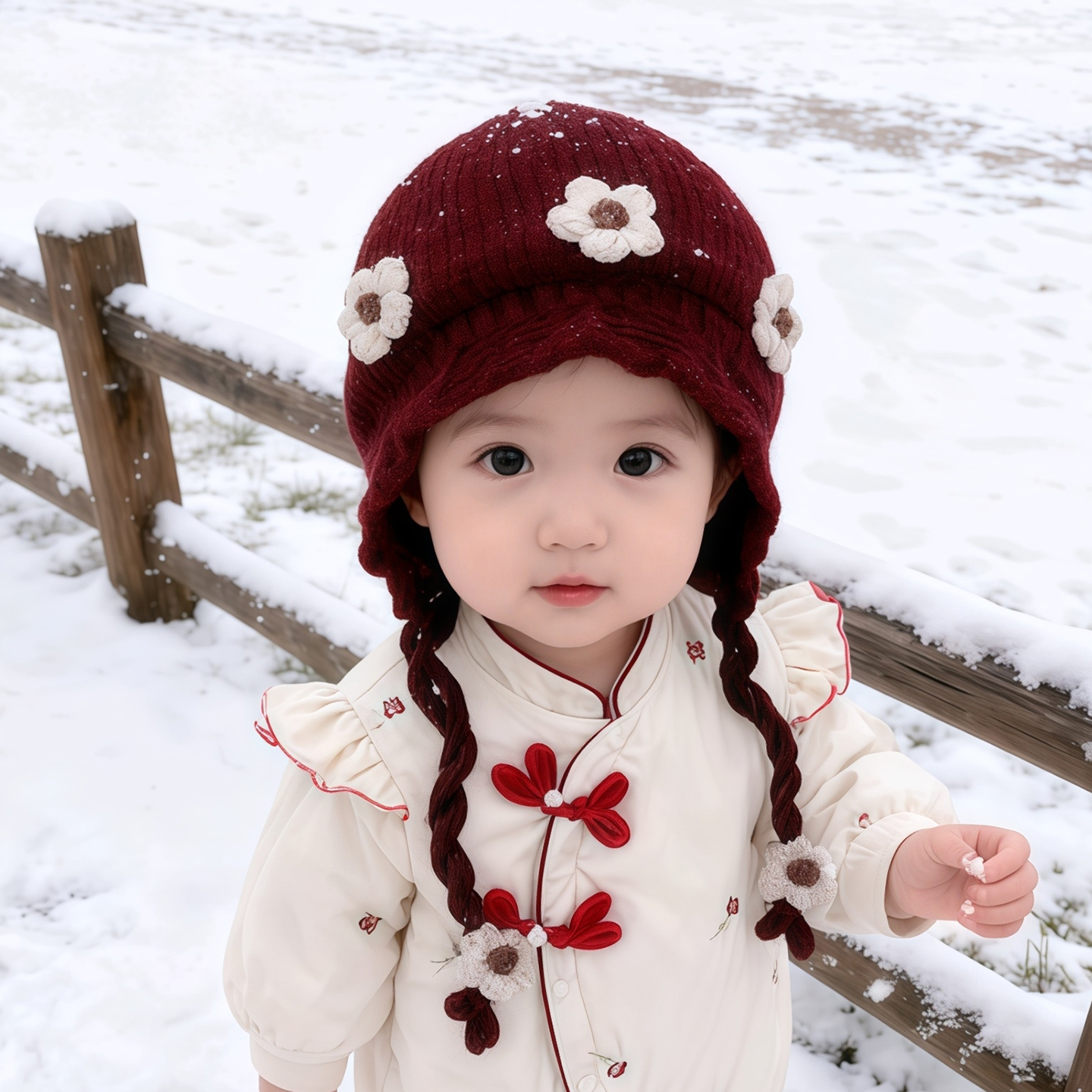 儿童帽子秋冬季保暖加厚防风护耳帽女宝宝韩系花朵防风出游毛线帽