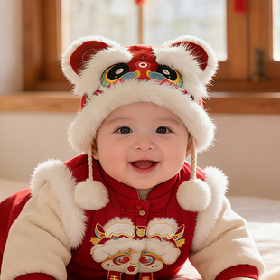 婴儿红色新年帽子秋冬季保暖加厚护耳帽男宝女儿童喜庆虎头毛绒帽