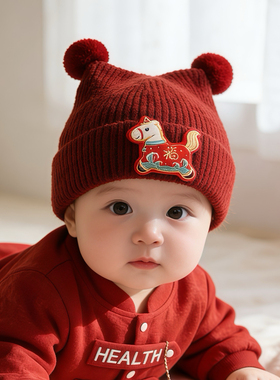 婴儿红色喜庆帽子冬季保暖加厚针织套头护耳帽男女宝宝新年毛线帽