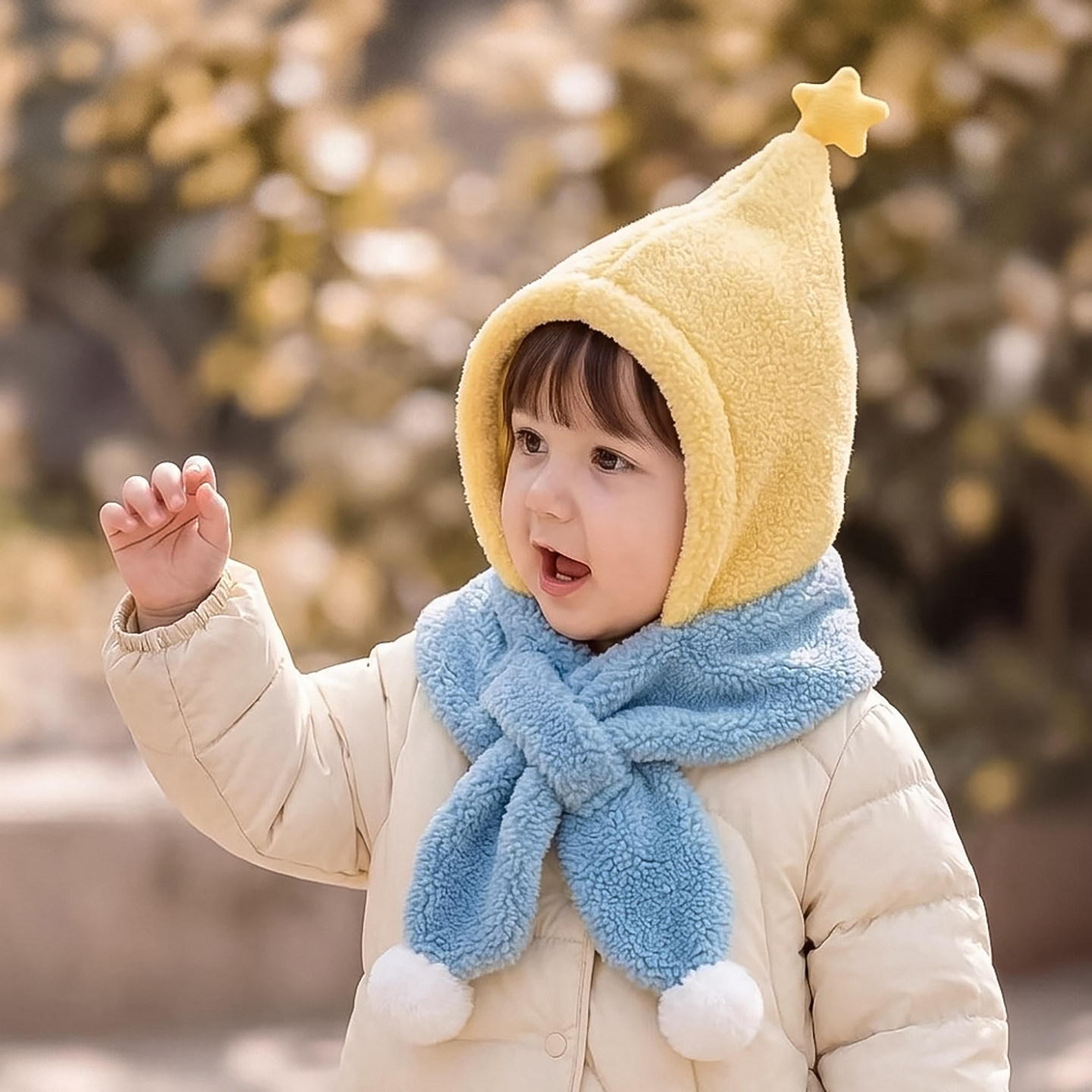 可爱星星儿童帽子围巾一体秋冬季保暖加厚护耳帽男孩女宝宝毛绒帽