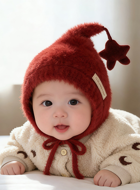 儿童红色帽子秋冬季保暖针织护耳毛绒帽男婴女宝宝防风新年毛线帽