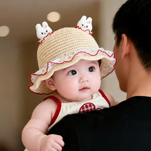 女童帽子春夏季薄款甜美草帽婴儿出游盆帽儿童宝宝遮阳防晒渔夫帽