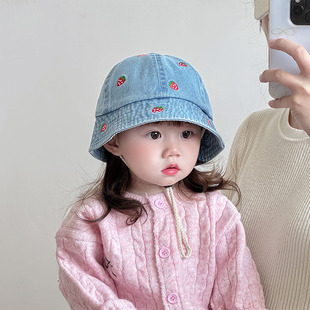 儿童帽子春秋季可爱卡通系带渔夫帽女宝宝出游防风水洗牛仔盆帽冬