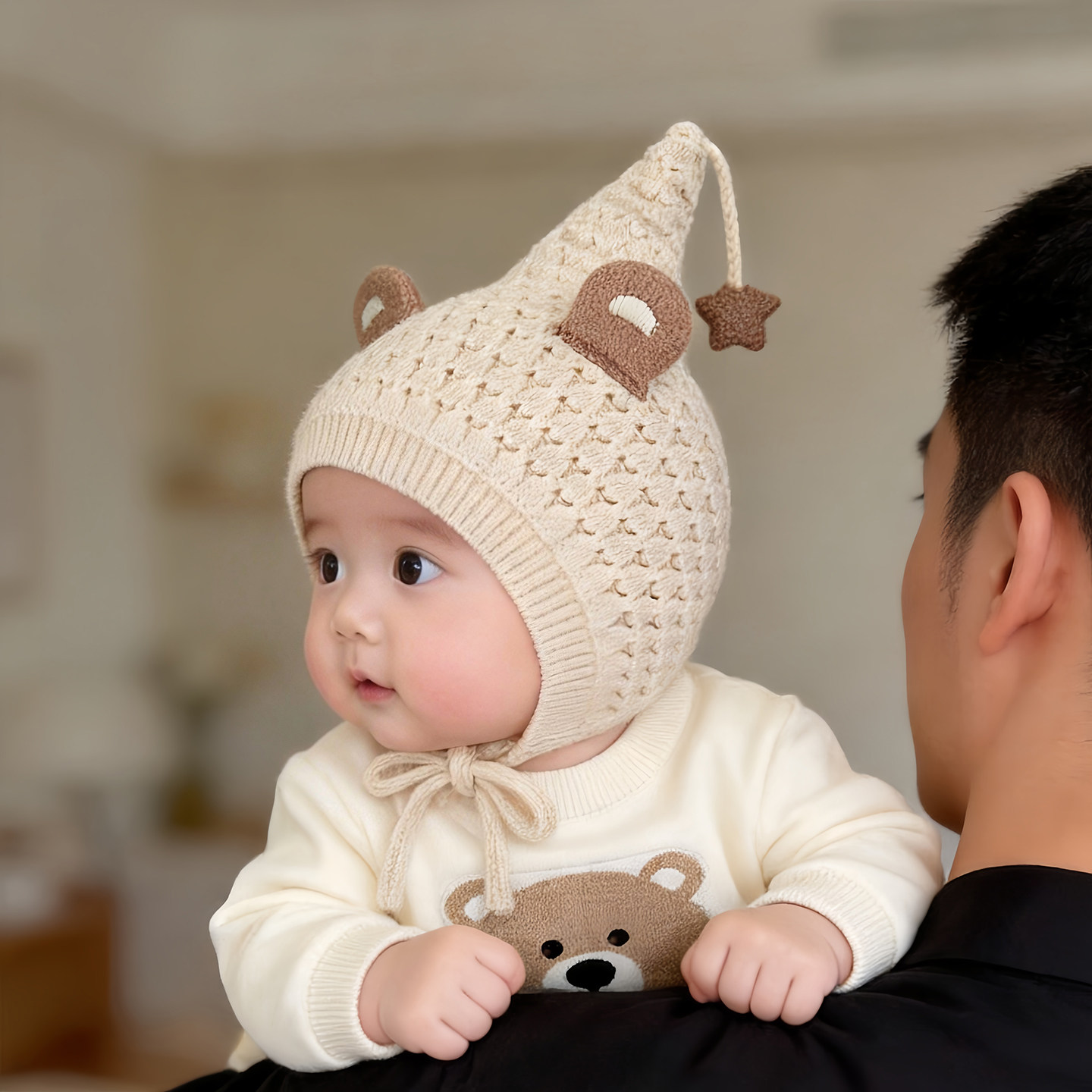 宝宝帽子秋冬季保暖加厚针织护耳毛线帽男女婴儿小月龄防风精灵帽