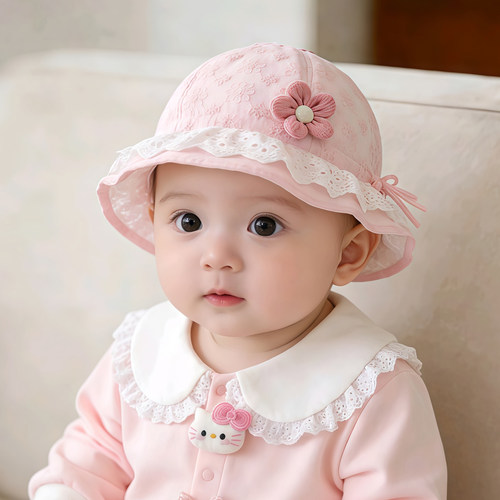 婴儿帽子春秋薄款遮阳防晒公主渔夫帽女宝宝小月龄可调节夏天盆帽