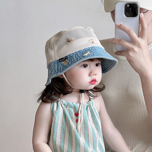 儿童帽子夏季薄款遮阳防晒透气网眼渔夫帽男女宝宝出游可爱水桶帽