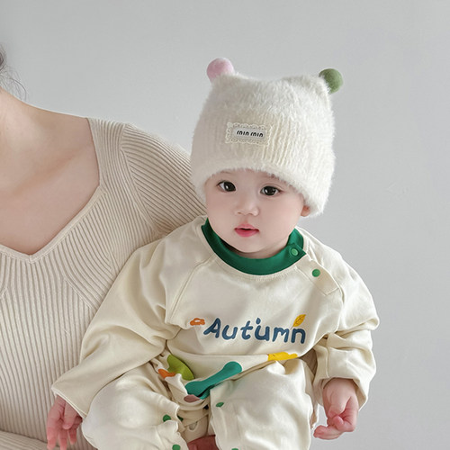 宝宝毛绒帽子秋冬季保暖加厚针织套头帽男女婴儿小月龄护耳毛线帽