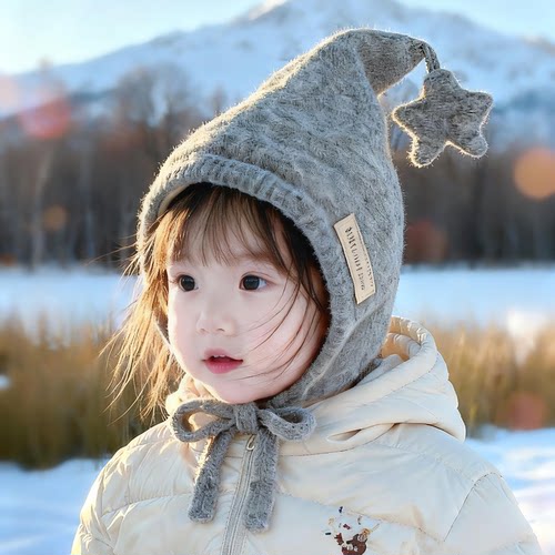 韩版星星儿童帽子秋冬季保暖加厚尖尖毛线帽男孩女宝宝防风护耳帽
