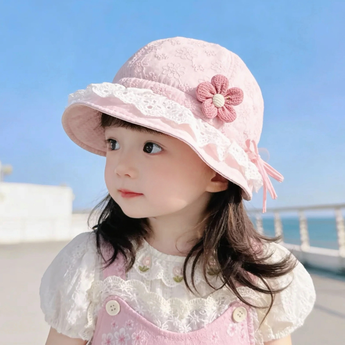 婴儿帽子春秋薄款遮阳防晒公主渔夫帽女宝宝小月龄可调节夏天盆帽