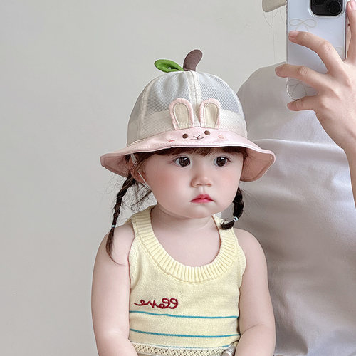宝宝帽子夏季薄款透气网纱渔夫帽女童小月龄遮阳防晒出游可爱盆帽