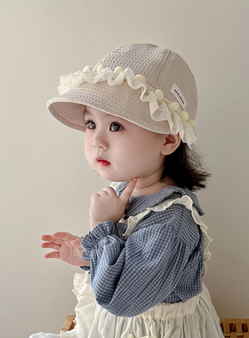韩系甜美蕾丝边儿童帽子春秋季遮阳防风大檐鸭舌帽女宝宝棒球帽冬