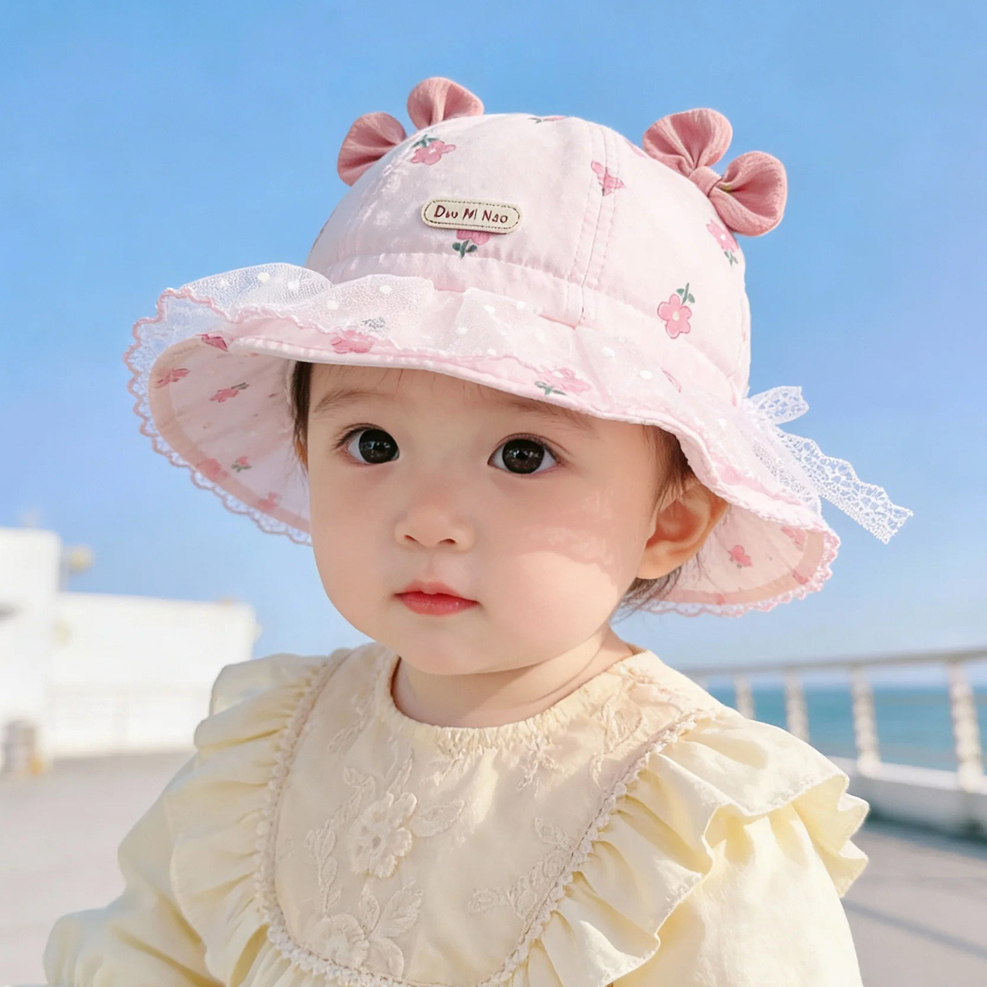 婴儿帽子春秋薄款遮阳公主防晒渔夫帽女宝宝小月龄甜美夏季盆帽潮图片