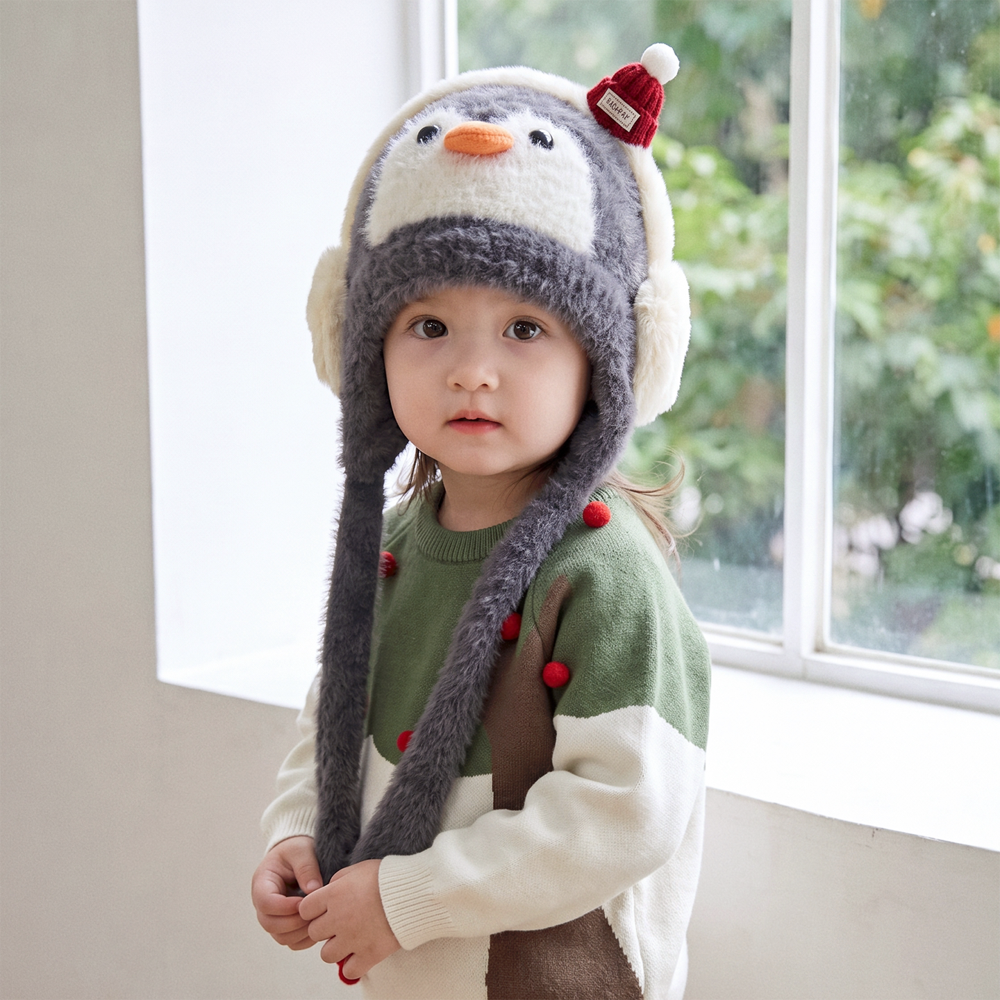 儿童可爱企鹅帽子秋冬季保暖加厚针织护耳毛绒男女宝宝防风毛线帽