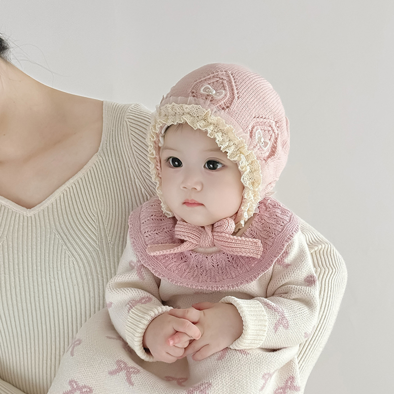 婴儿帽子秋冬季保暖加厚针织公主帽女宝宝小月龄蕾丝蝴蝶结毛线帽