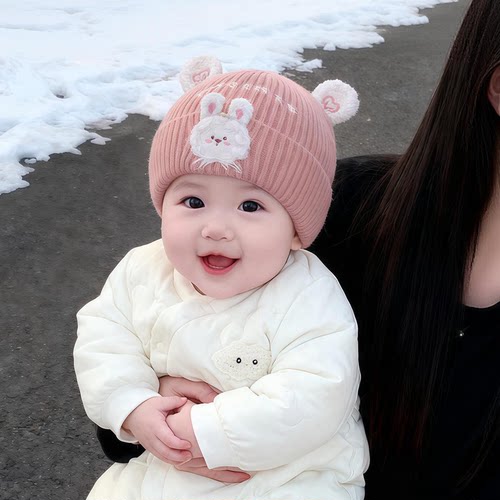 婴幼儿帽子秋冬季保暖加厚针织套头帽女宝宝可爱防风小月龄毛线帽