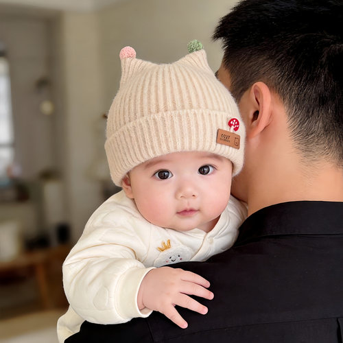 婴幼儿帽子秋冬季保暖加厚针织套头帽女宝宝可爱触角小月龄毛线帽