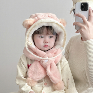 宝宝帽子围巾一体毛绒帽秋冬季保暖加厚男女儿童防护面罩护耳帽潮