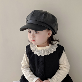 儿童帽子秋冬季保暖防风八角贝雷帽男女宝宝时尚复古皮质报童帽潮