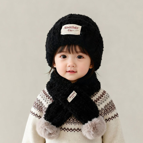 韩版儿童帽子冬季保暖加厚针织护耳毛线围巾两件套男女宝宝防风帽
