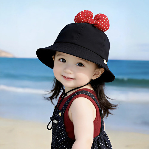 女宝宝帽子春秋薄款遮阳防晒甜美蝴蝶结渔夫帽儿童出游夏季盆帽韩