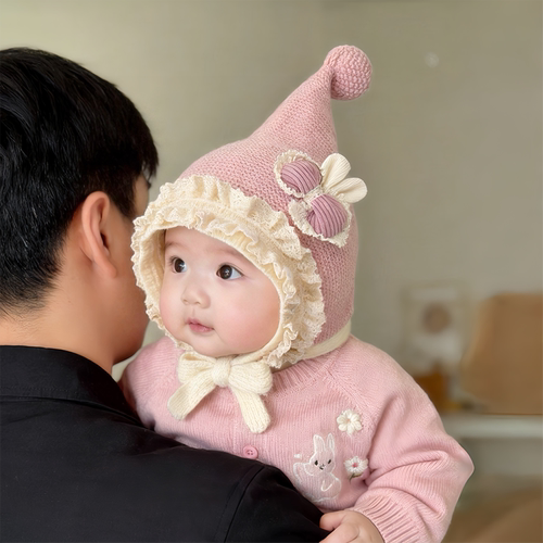 婴幼儿公主帽子秋冬季保暖加厚针织护耳精灵帽女宝宝小月龄毛线帽