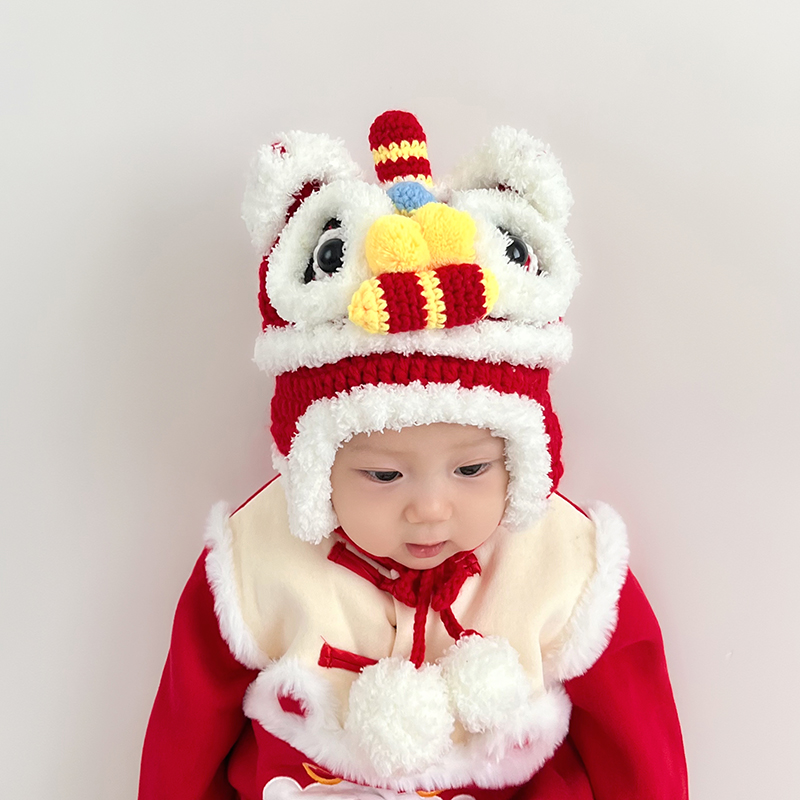 亲子秋冬醒狮帽婴儿新年毛线帽