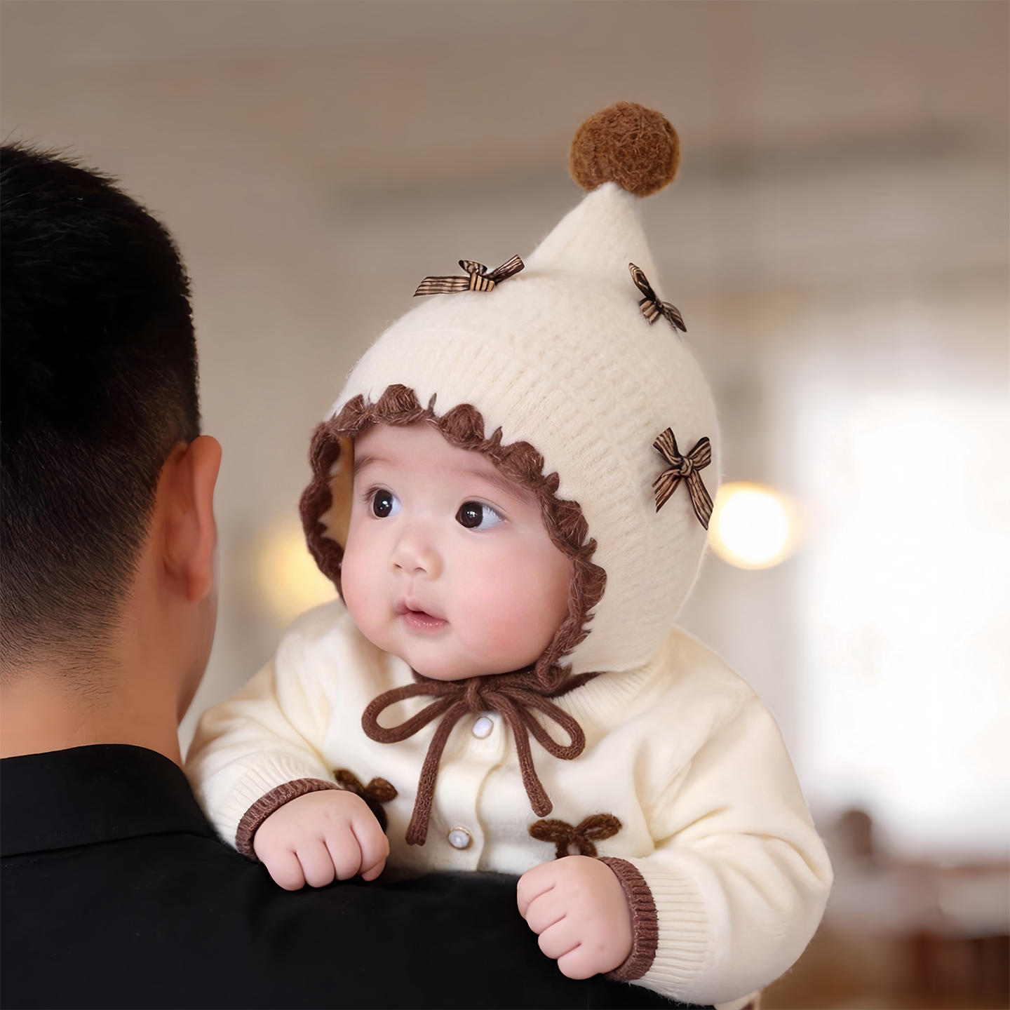 婴儿帽子秋冬季保暖加厚针织护耳帽女宝宝蝴蝶结小月龄毛线尖尖帽