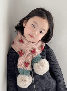 宝宝围巾秋冬季保暖加厚针织毛线围脖男童女童甜美爱心防寒护脖潮