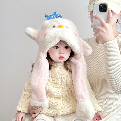 儿童帽子围巾一体会动耳朵两件套男女宝宝秋冬季保暖加厚毛绒帽潮