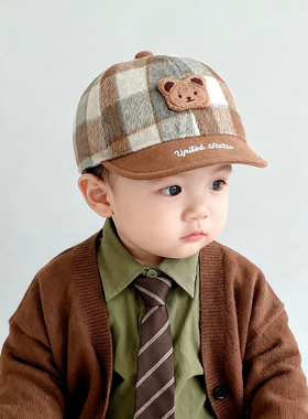 宝宝帽子秋冬季保暖加厚灯芯绒小熊鸭舌帽男女儿童防风棒球帽潮