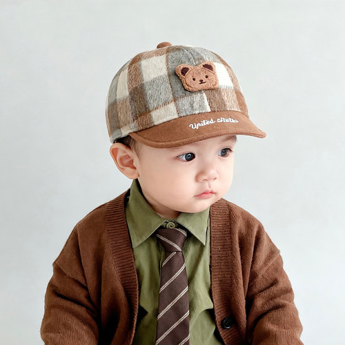 宝宝帽子秋冬季保暖加厚灯芯绒小熊鸭舌帽男女儿童防风棒球帽潮