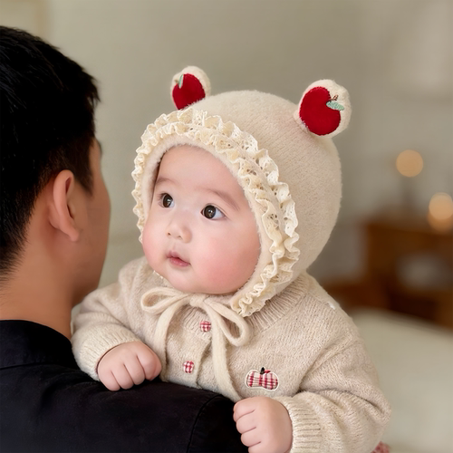 婴儿帽子秋冬季保暖加厚针织护耳毛绒公主帽女宝宝小月龄毛线帽韩
