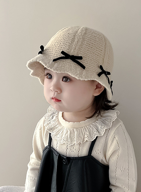 韩国甜美蝴蝶结女童帽子秋冬季保暖防风针织渔夫帽女宝宝毛线盆帽