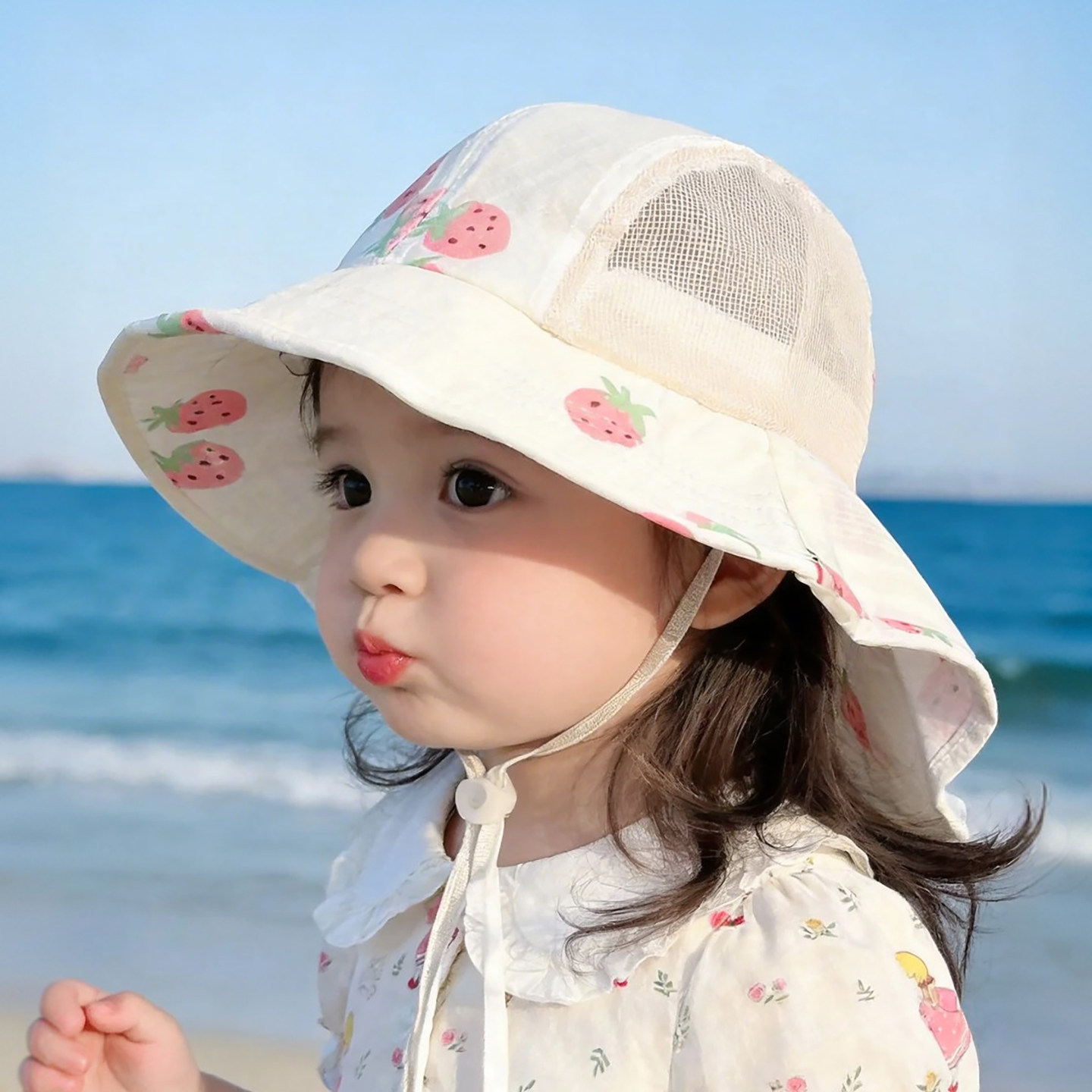 女宝宝遮阳帽子夏季薄款透气网眼大帽檐披肩帽儿童春天防晒渔夫帽